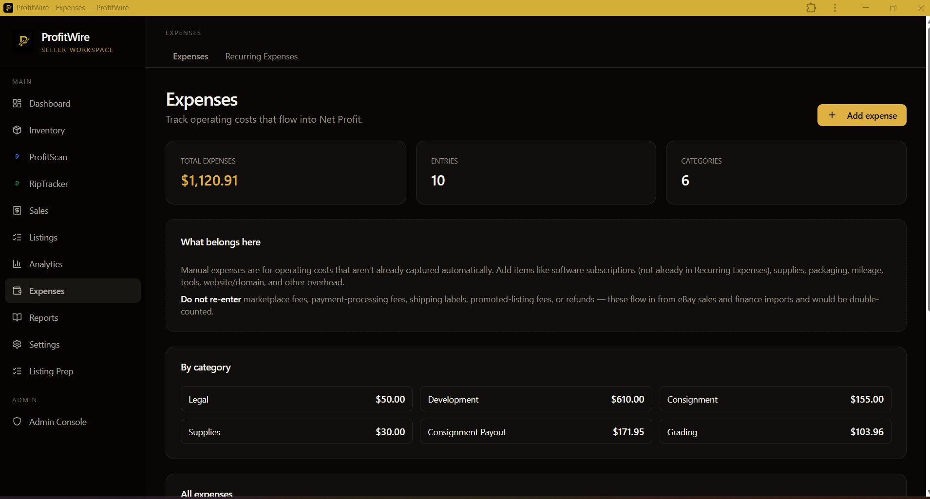 ProfitWire expenses screenshot — operating cost tracking by category with totals and entries